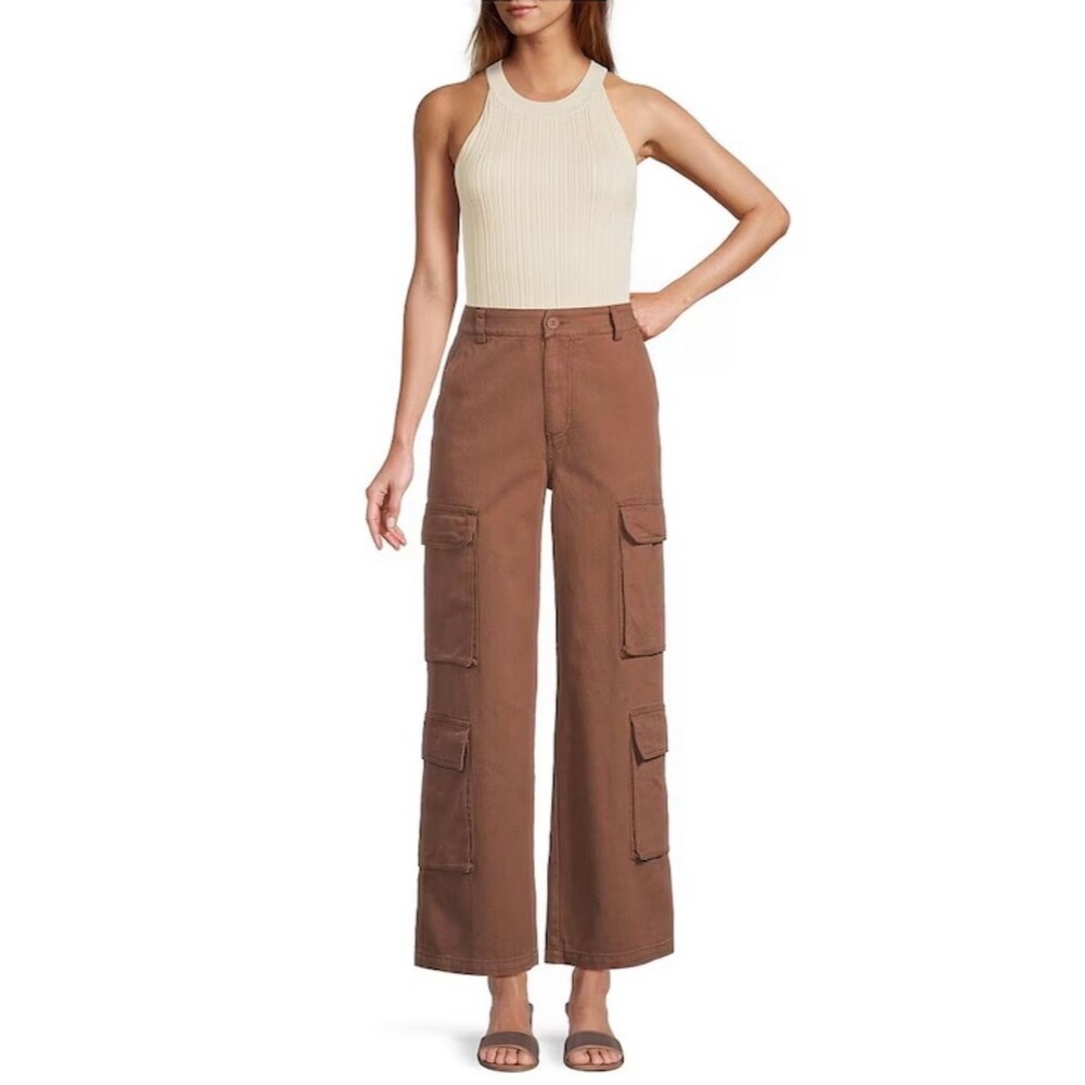 Skies Are Blue Brown Cotton Straight Cargo Wide Leg Pants Women’s Size Medium
